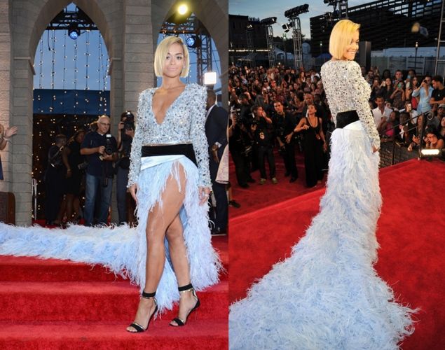 Singer Rita Ora (above) stunned in a pale blue ostrich feathered gown by Alexandre Vauthier.